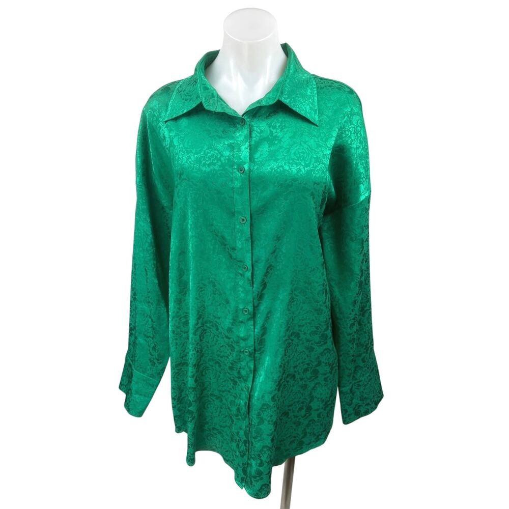 12th Tribe Green Silky Satin Floral Long Sleeve Button Down Mini Shirt Dress M